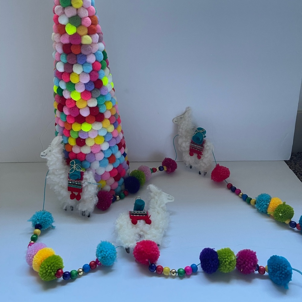 Christmas Holiday Decor - Colorful Llama Garland and PomPom Tree